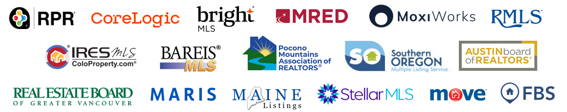 Top Row, Left to Right: Realtors Property Resource® (RPR), CoreLogic, Bright MLS, Midwest Real Estate Data (MRED), MoxiWorks, RMLS. Second Row, Left to Right: IRES MLS, Bay Area Real Estate Information Services (BAREIS), Pocono Mountains Association of REALTORS®, Southern Oregon MLS, Austin Board of REALTORS®. Bottom Row, Left to Right: Real Estate Board of Greater Vancouver, MARIS, Maine Listings, Stellar MLS, Move,  FBS.