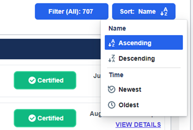 screenshot dashboard sorting options