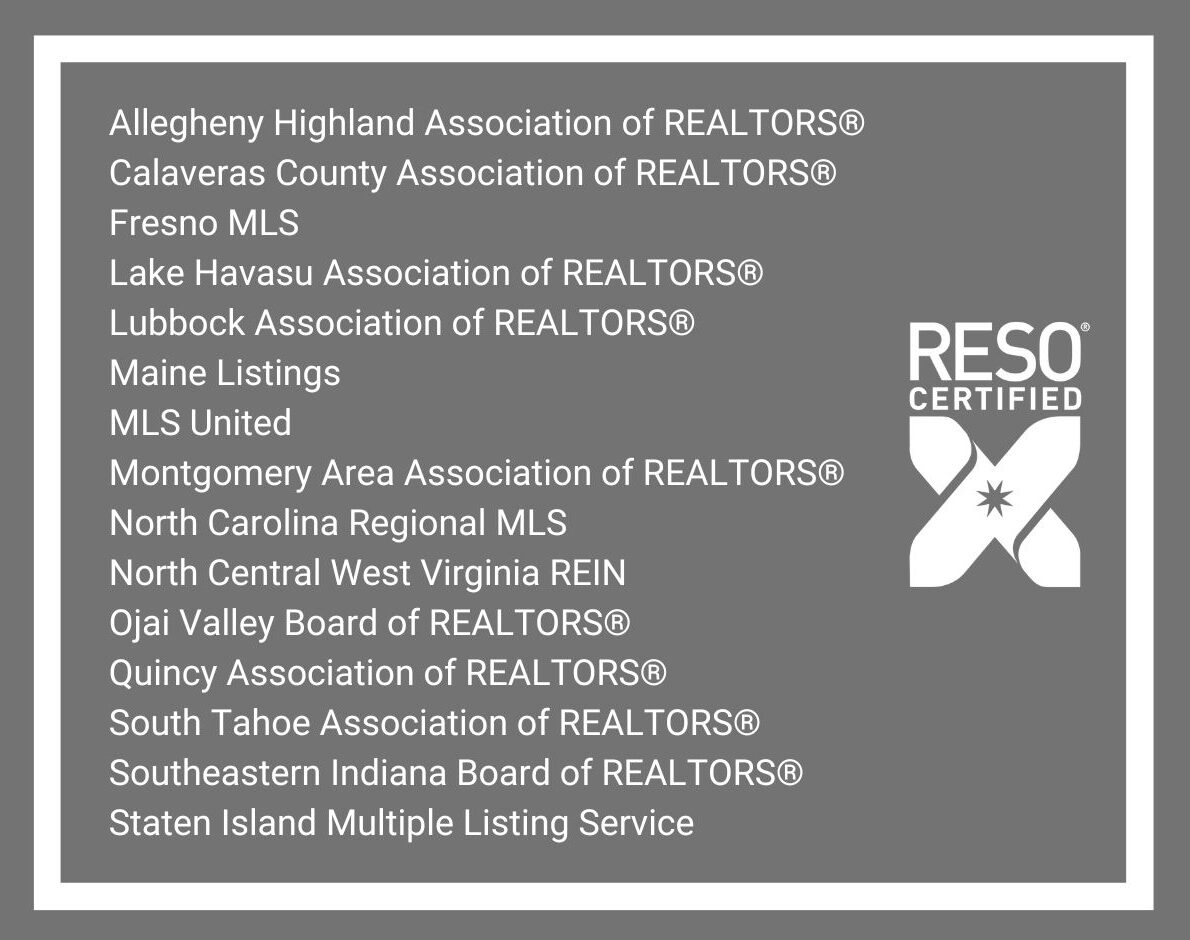 Certification Update: Allegheny Highland Association of REALTORS® Calaveras County Association of REALTORS® Fresno MLS Lake Havasu Association of REALTORS® Lubbock Association of REALTORS® Maine Listings MLS United Montgomery Area Association of REALTORS® North Carolina Regional MLS North Central West Virginia REIN Ojai Valley Board of REALTORS® Quincy Association of REALTORS® South Tahoe Association of REALTORS® Southeastern Indiana Board of REALTORS® Staten Island Multiple Listing Service