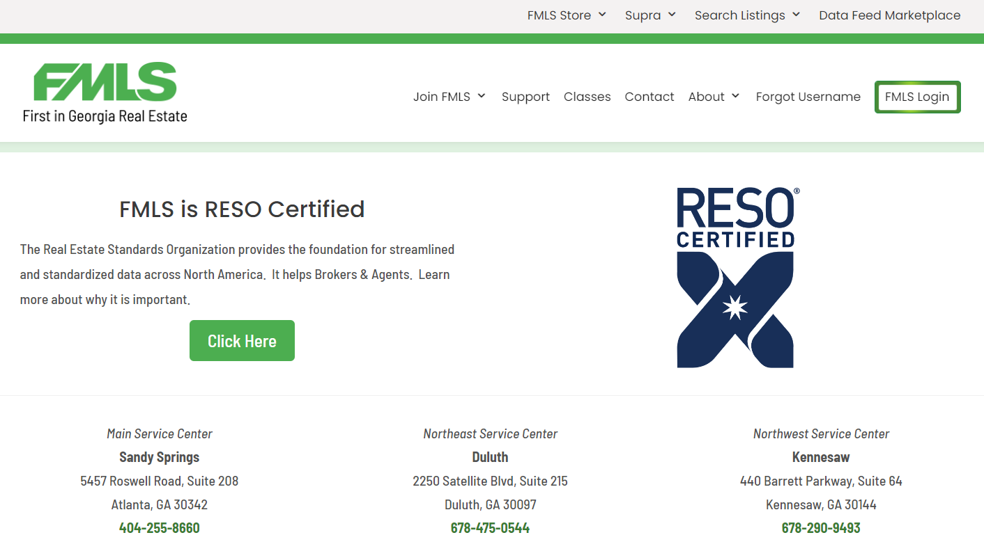 FMLS using the RESO Certified logo on their website.